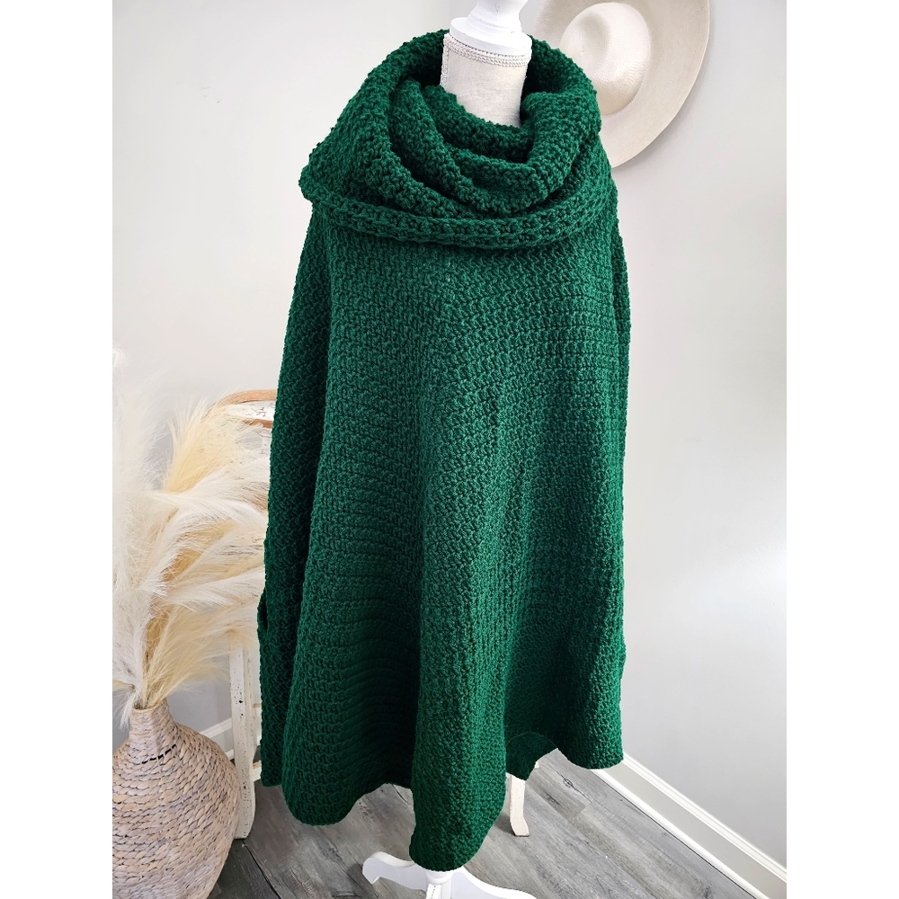 Cozy Handmade Green Oversize Turtleneck Knit Poncho